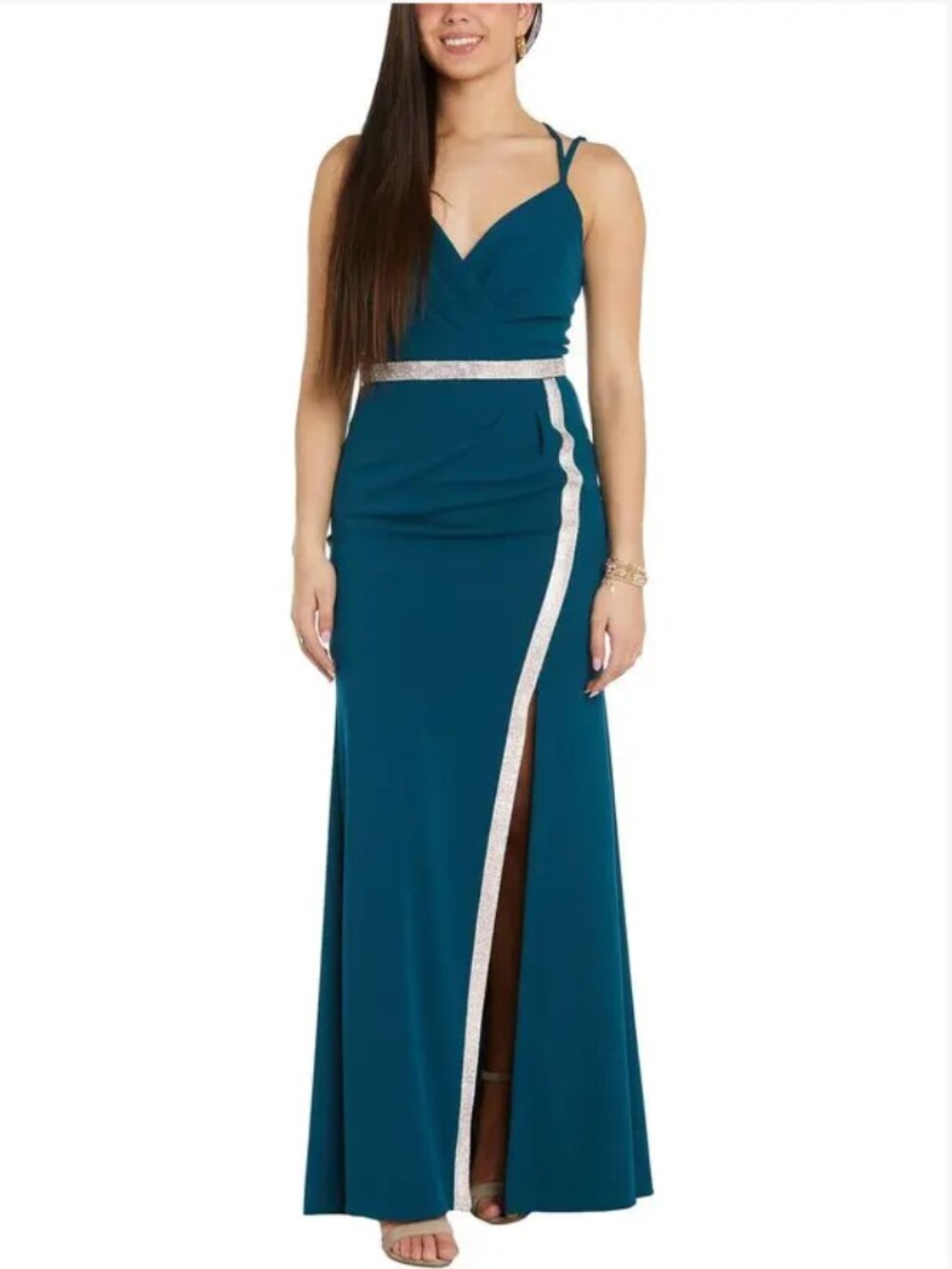 NW Nightway Womens Green Crystal Trim Double V Slit Evening Dress 10